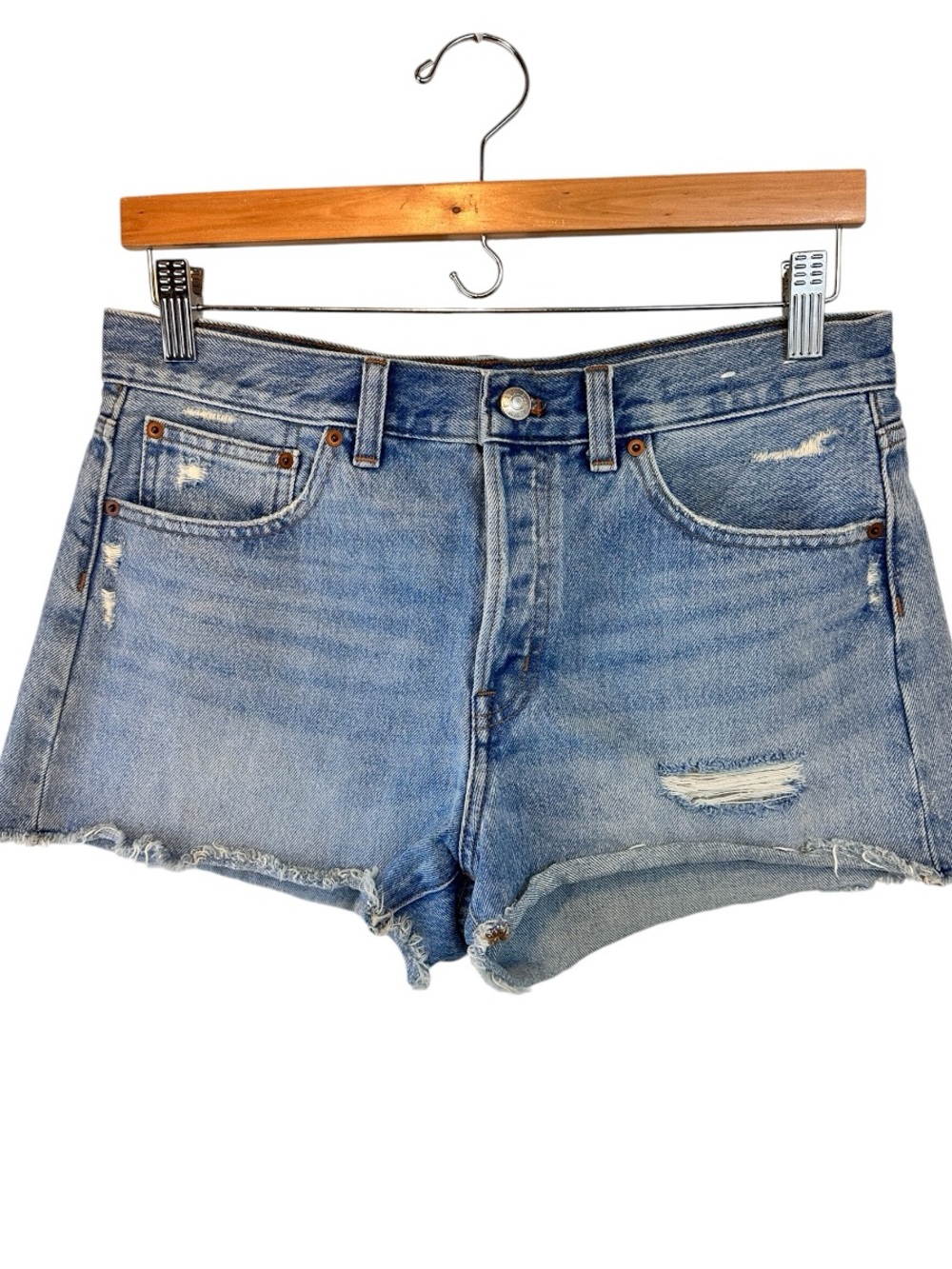Madewell “BRYNN” Cut-Off Denim Shorts Size 27 Light Wash Distressed Button Fly